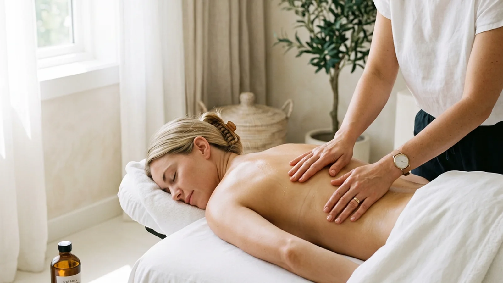 Long, gliding Swedish strokes travelling the length of a guest's back