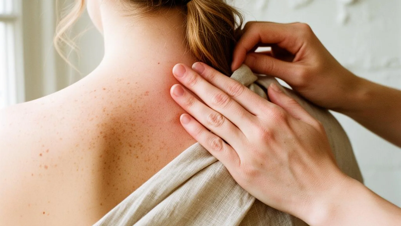 A therapist working into the muscle along the top of a guest's shoulder