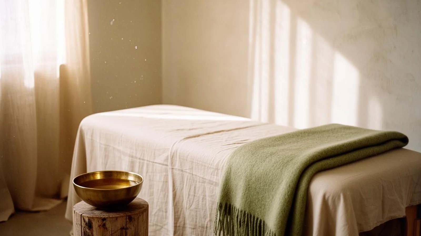 A calm treatment room with a sage-green throw folded across the table