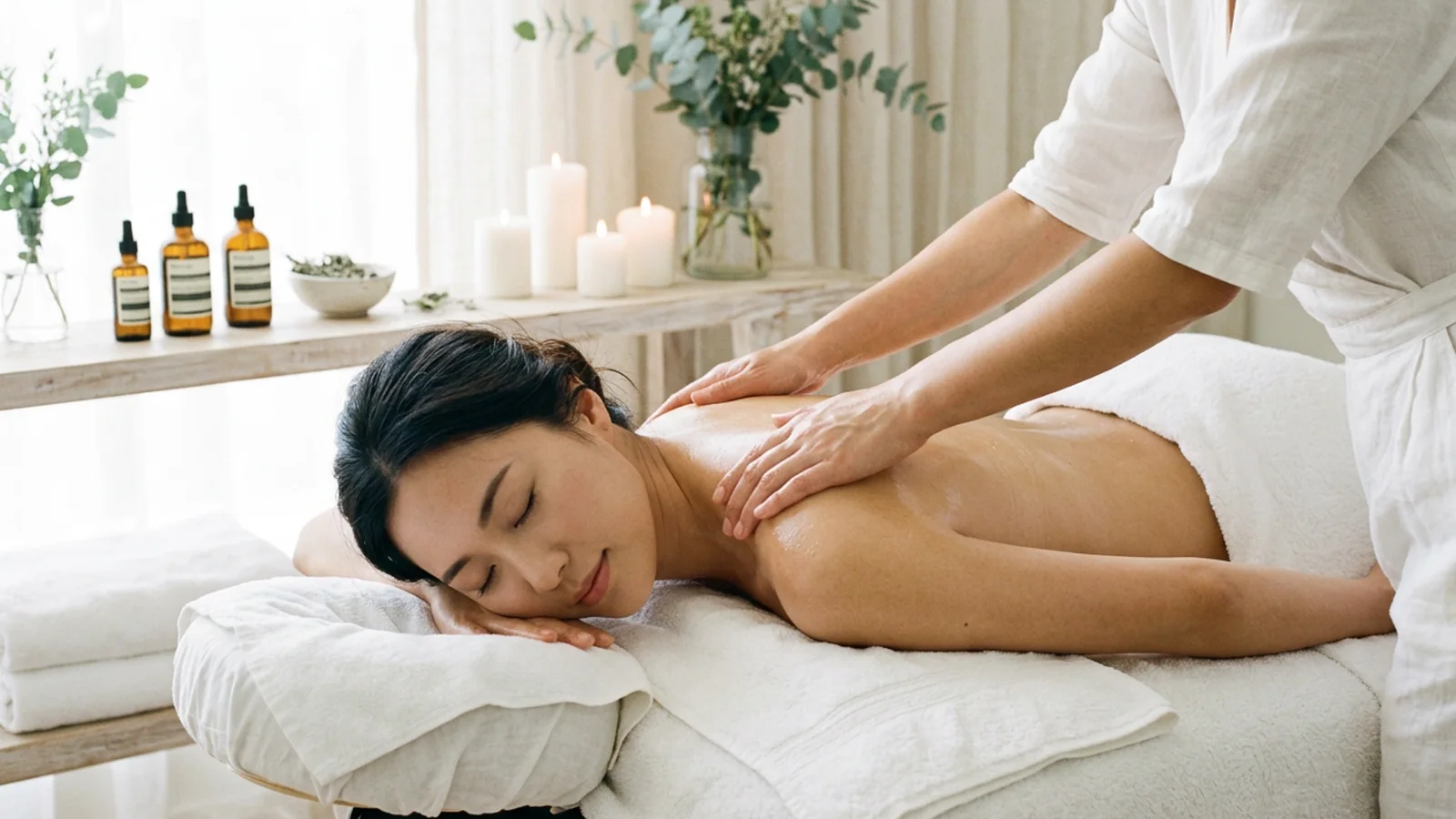 A therapist working along a guest's shoulders in a bright, candlelit treatment room