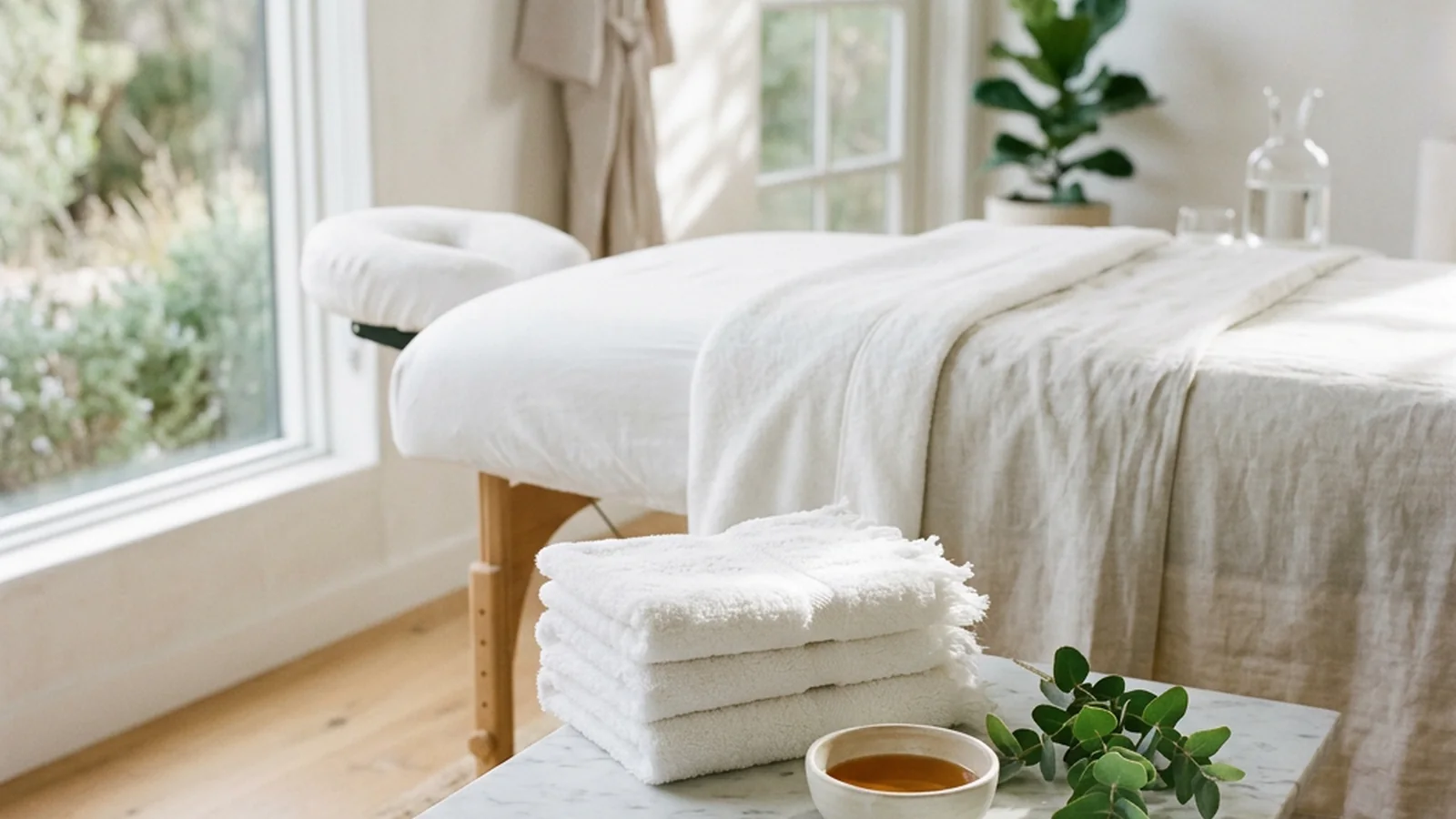 A massage table made up with fresh linen, a folded towel and a face cradle