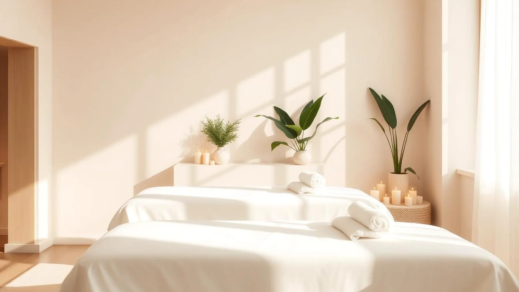 A sunlit treatment room at Spring Massage with a made-up table, folded towels and green plants