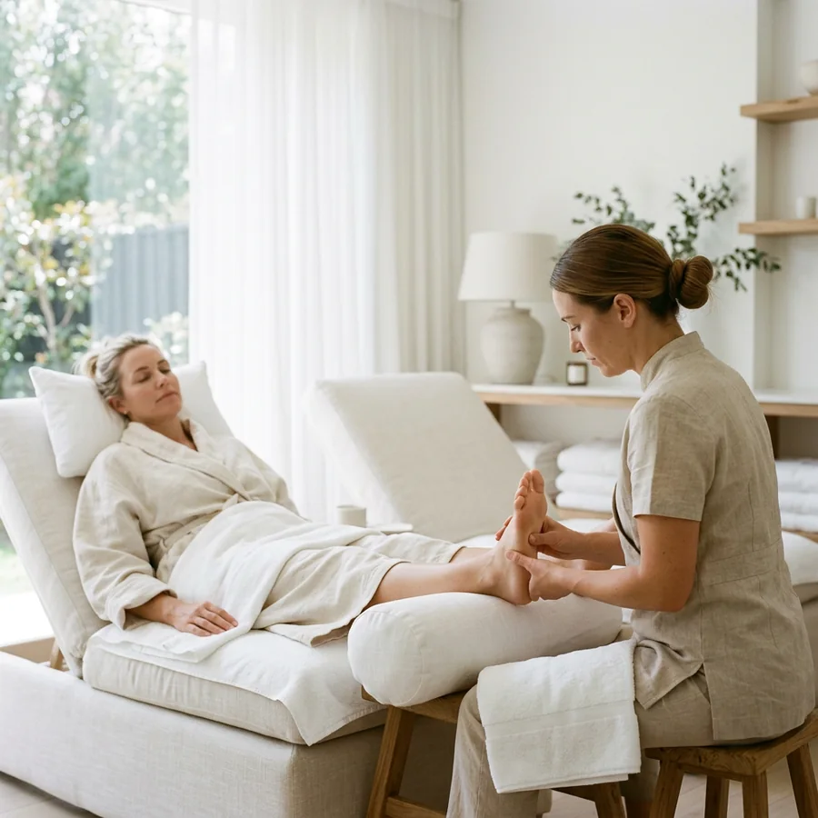 Firm reflexology pressure applied through the sole of a towel-wrapped foot