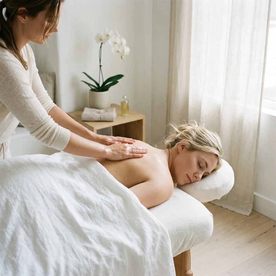 Therapist working along a guest's back with long Swedish strokes in a bright, sunlit treatment room