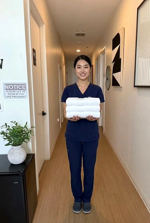 A therapist in navy scrubs carrying folded white towels down the studio hallway